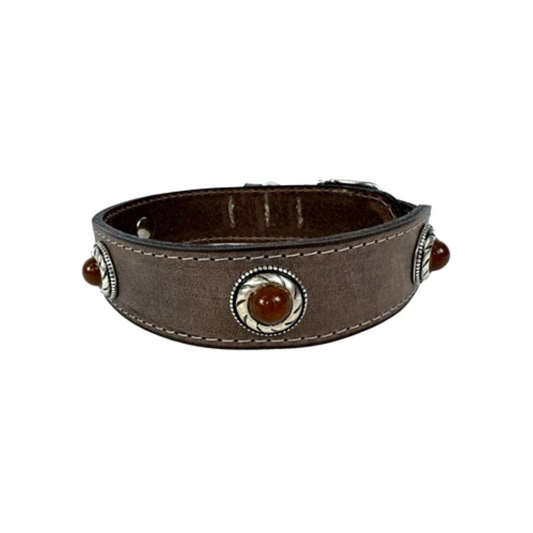 Sazzz Dog Collar Boho Treasure Stone Vintage Leather Brown